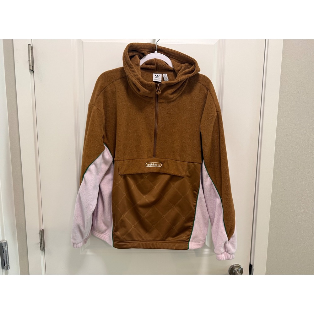Adidas Originals Womens Half Zip Fleece Hoodie Brown Pink Colorblock Large L